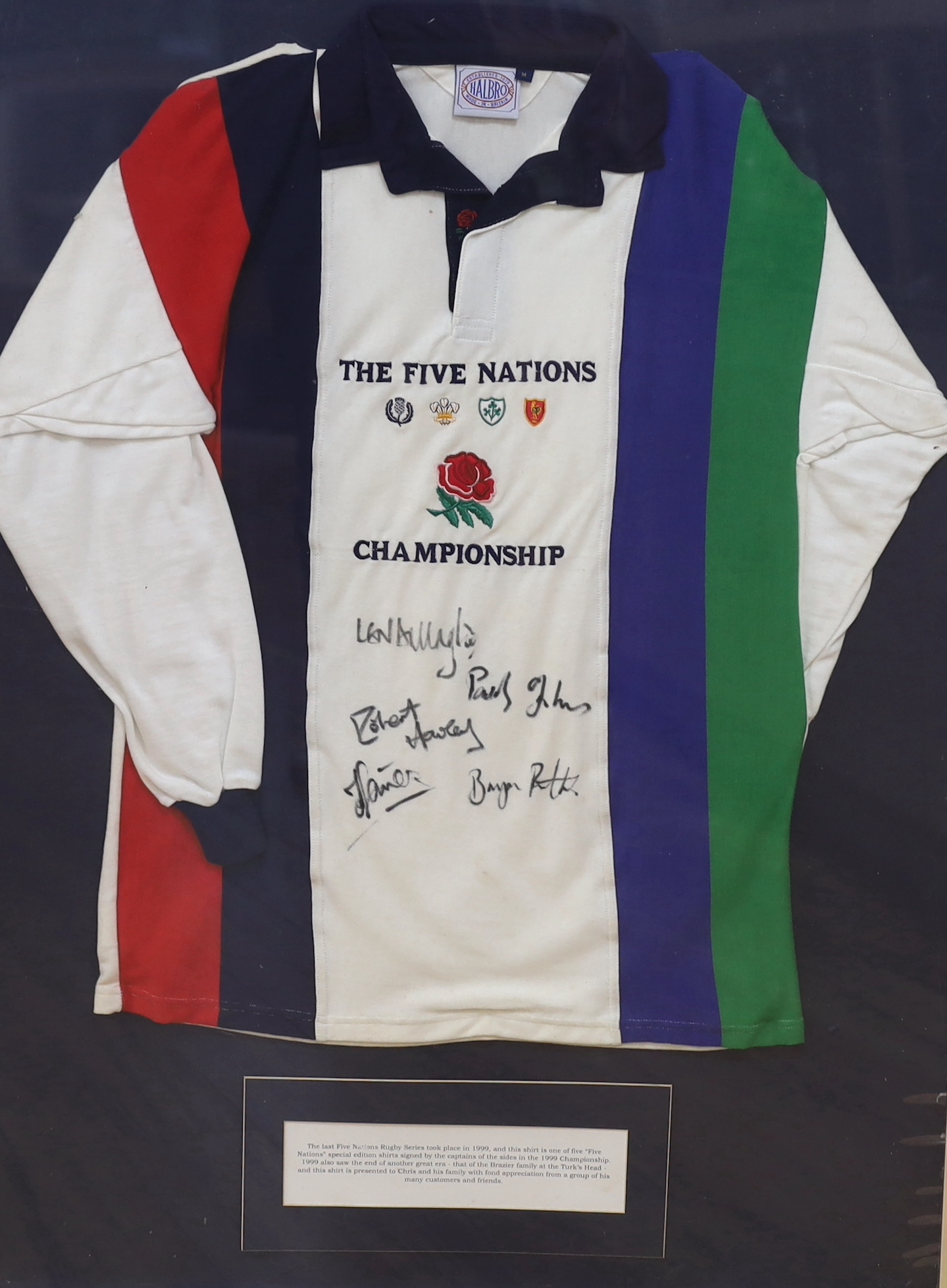 A framed 1999 Five Nations special edition signed rugby shirt, 82cm wide x 103cm high, including frame